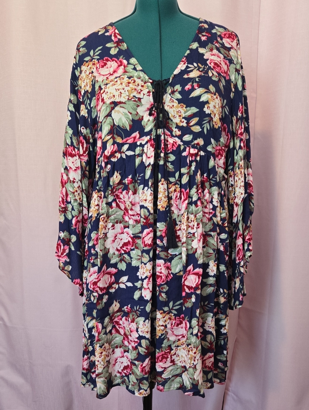 Navy Floral Tie-Front Babydoll Dress